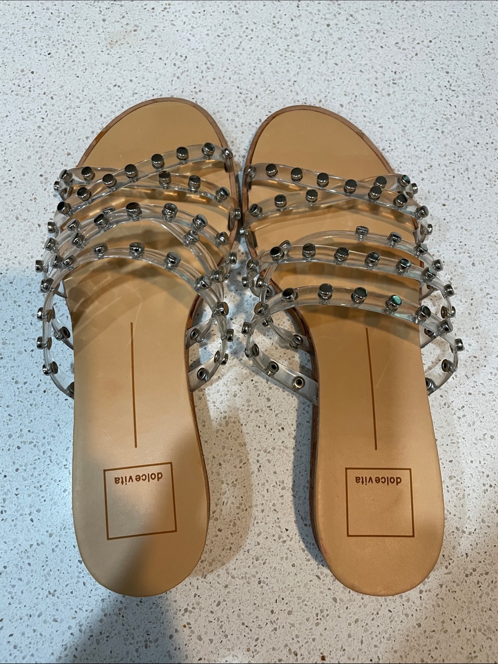Dolce Vita Clear Studded Multi-Strap Slide Sandals - Tan